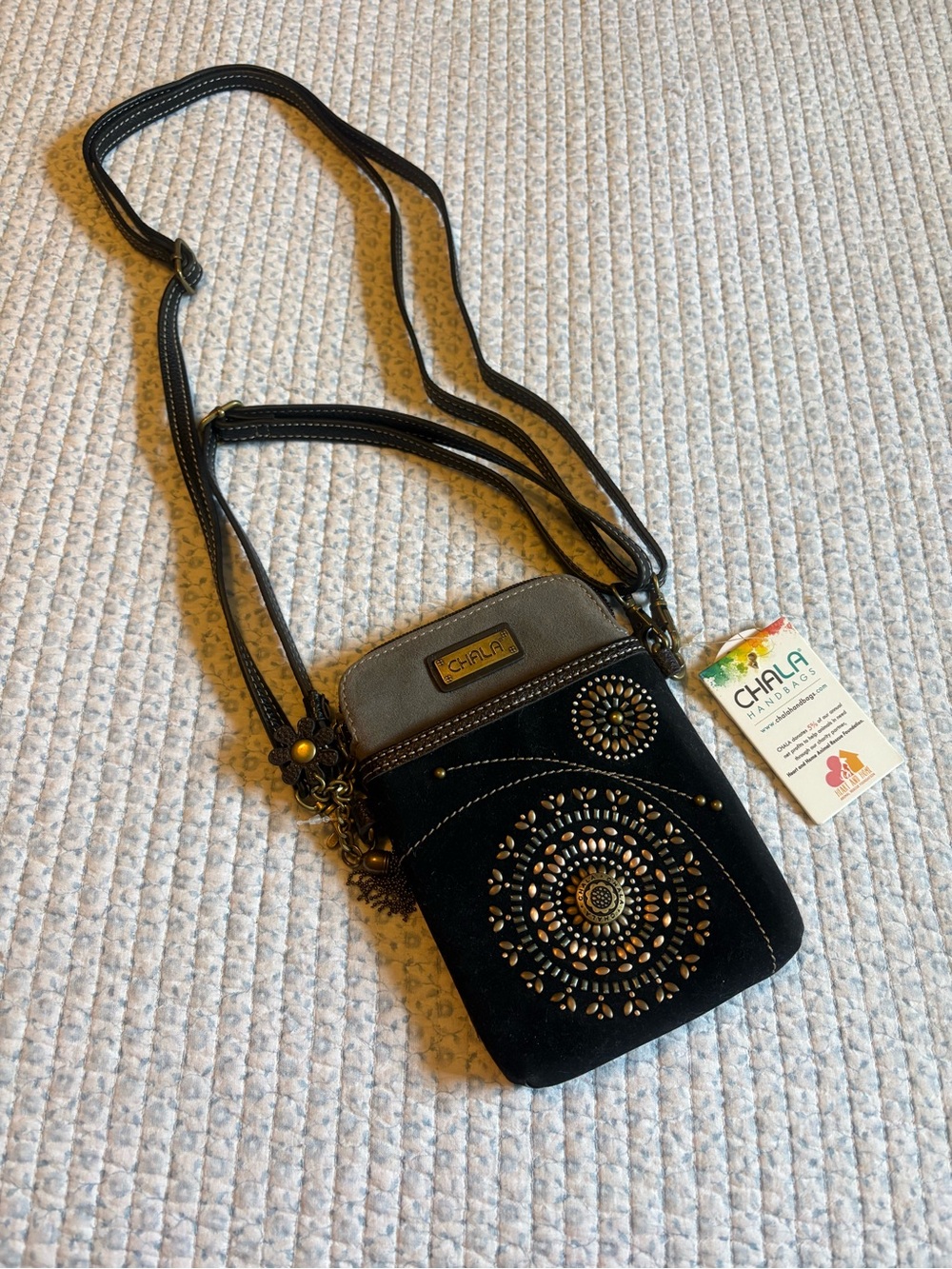 Chala Dazzled Cell Phone Crossbody Brown Faux Suede Handbag Brand New